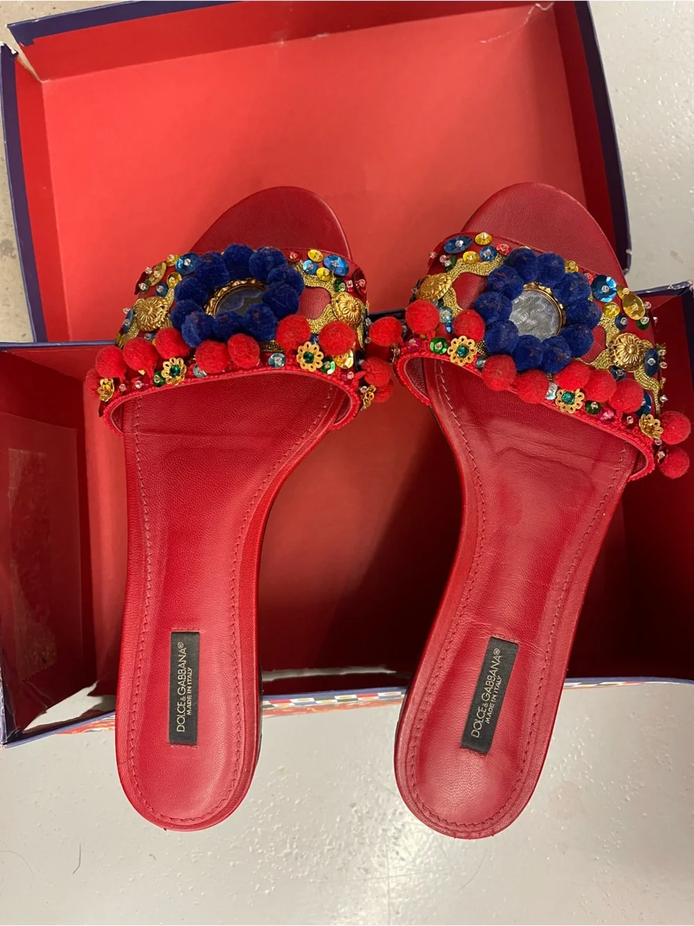 Statement Piece Dolce & Gabbana Red Embellished Pom-Pom Slide Mules - Picture 2 of 10